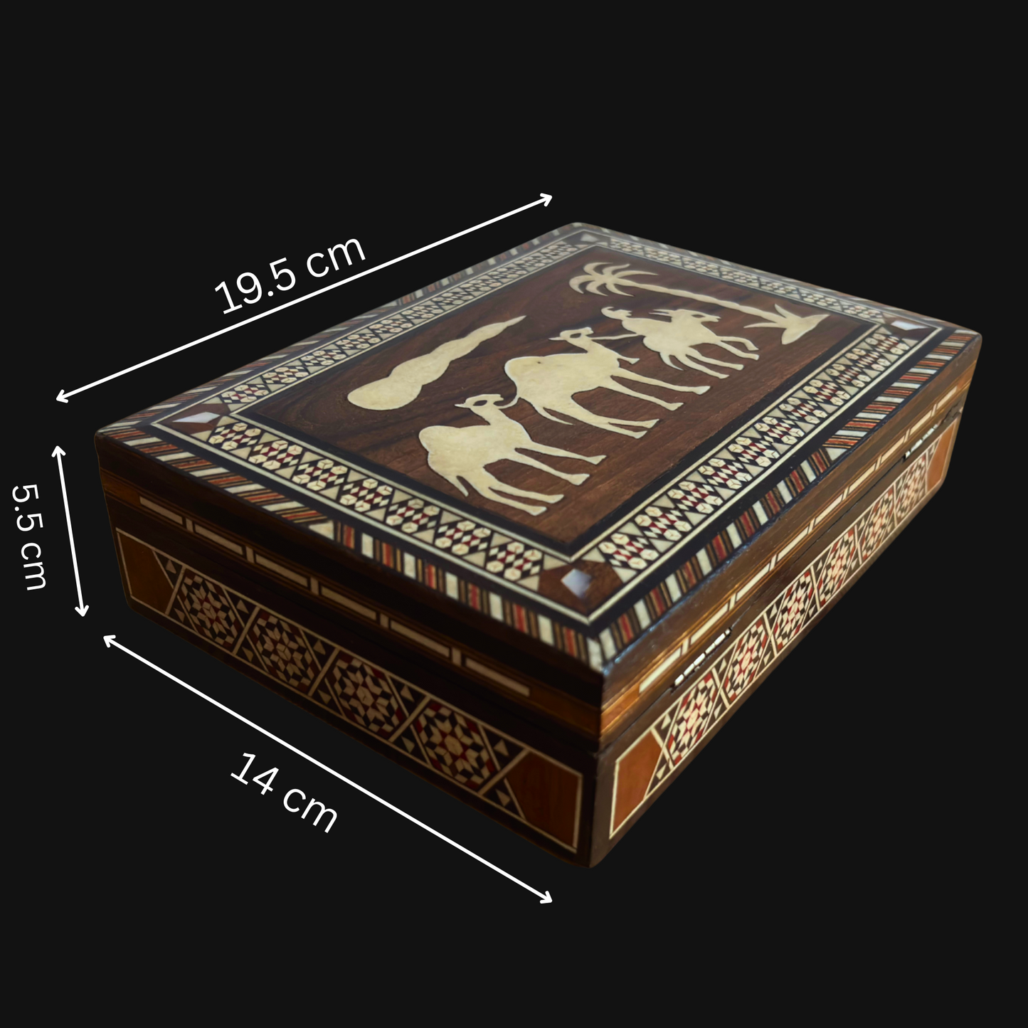 Vintage Damascene Mosaic Box from the 1970s, Camel Design, Handmade Syrian Keepsake Box