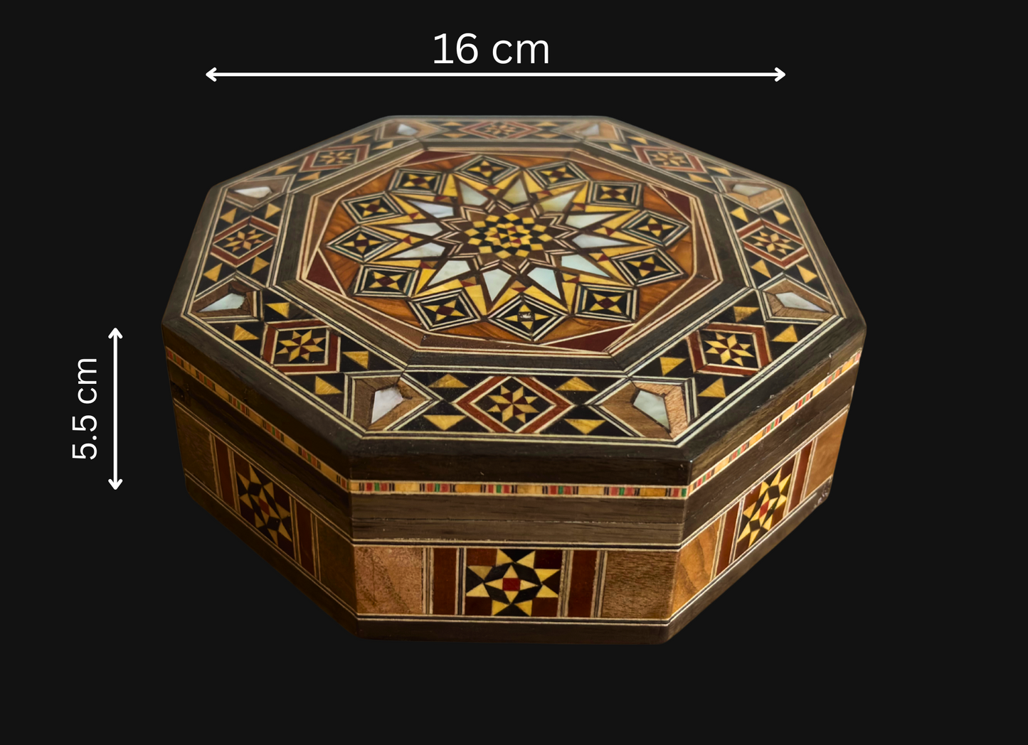 Elegante scatola ottagonale in mosaico damascato – Legno artigianale con intarsio in madreperla
