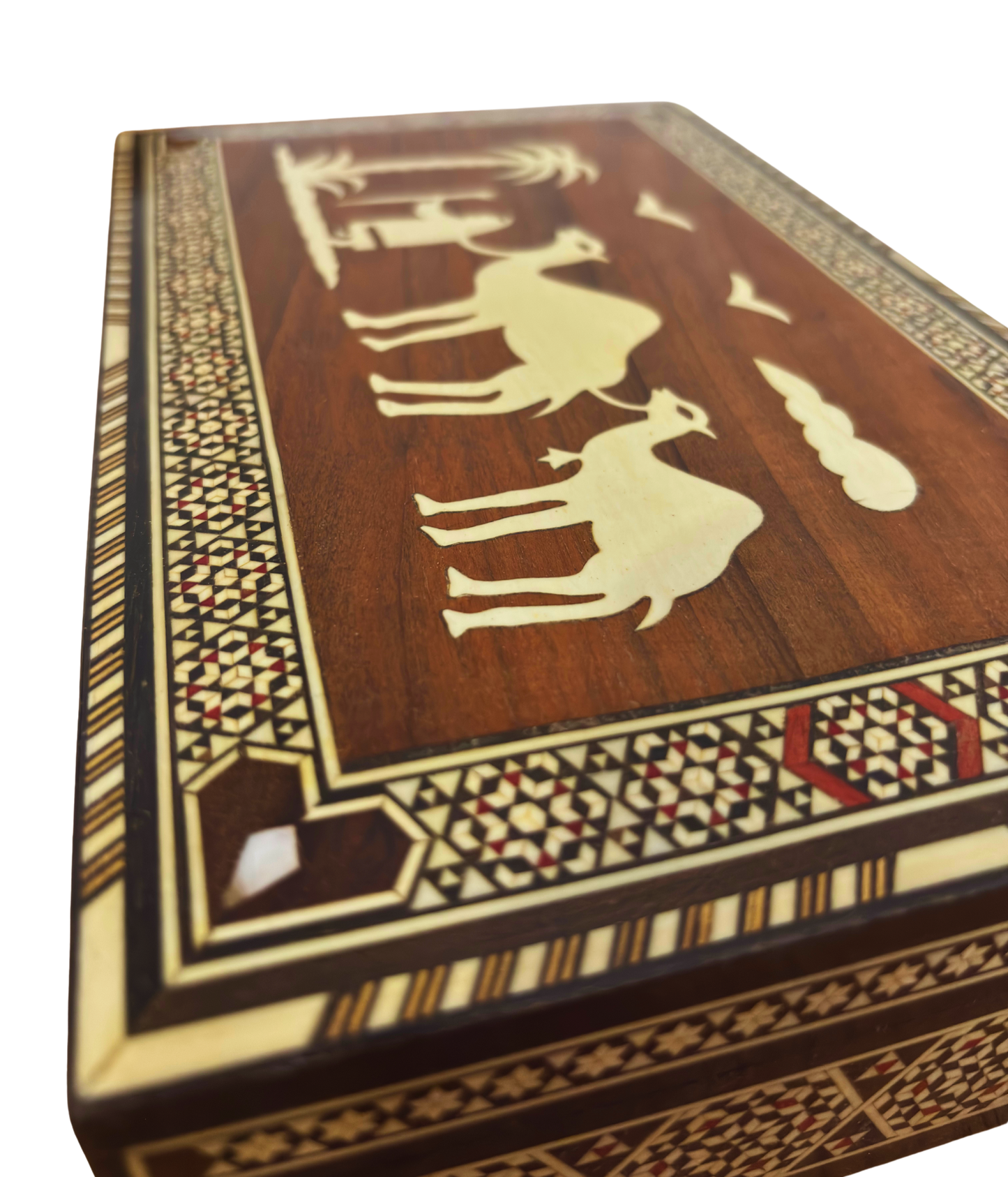 Rare Vintage 1970 Camel Mosaic Box – Handcrafted Damascene Oriental Art with Pearl Inlay
