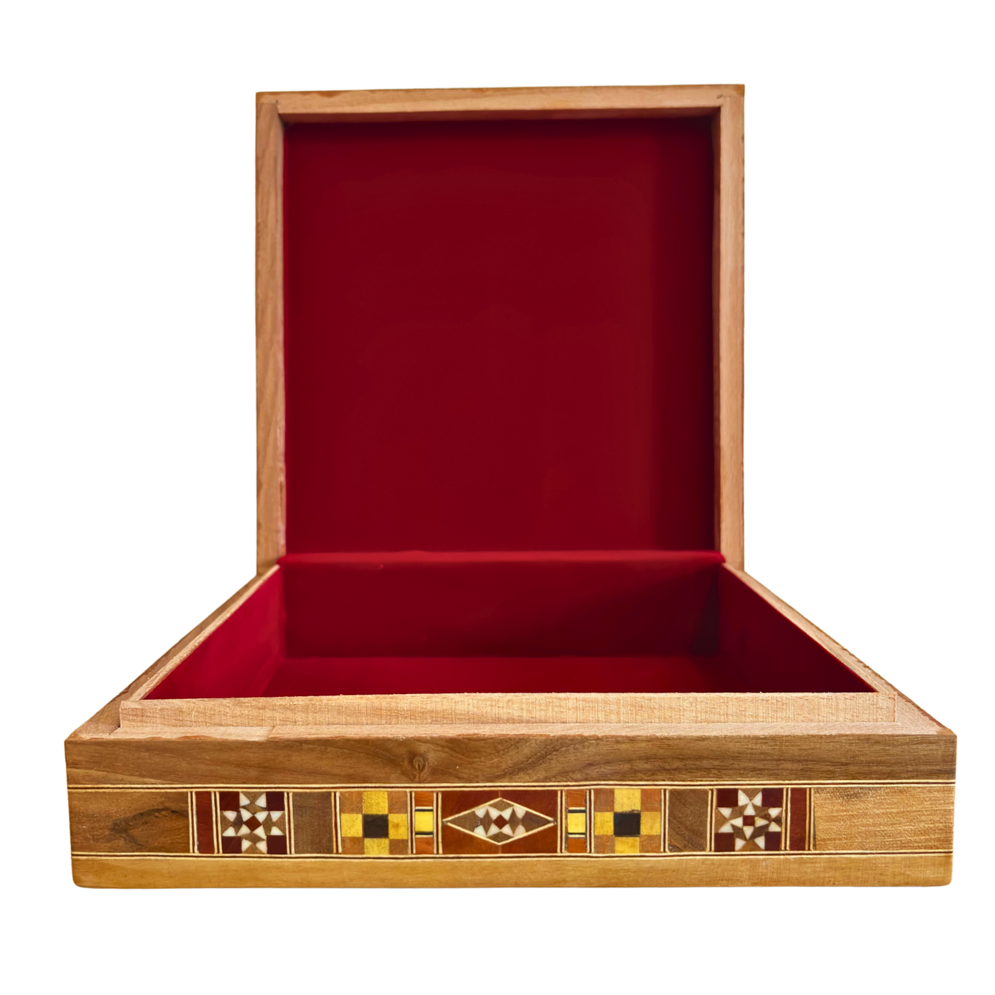 Large Damascene Mosaic Box – Handcrafted Square Jewelry Chest with Fine Wood Inlay and Velvet Interior