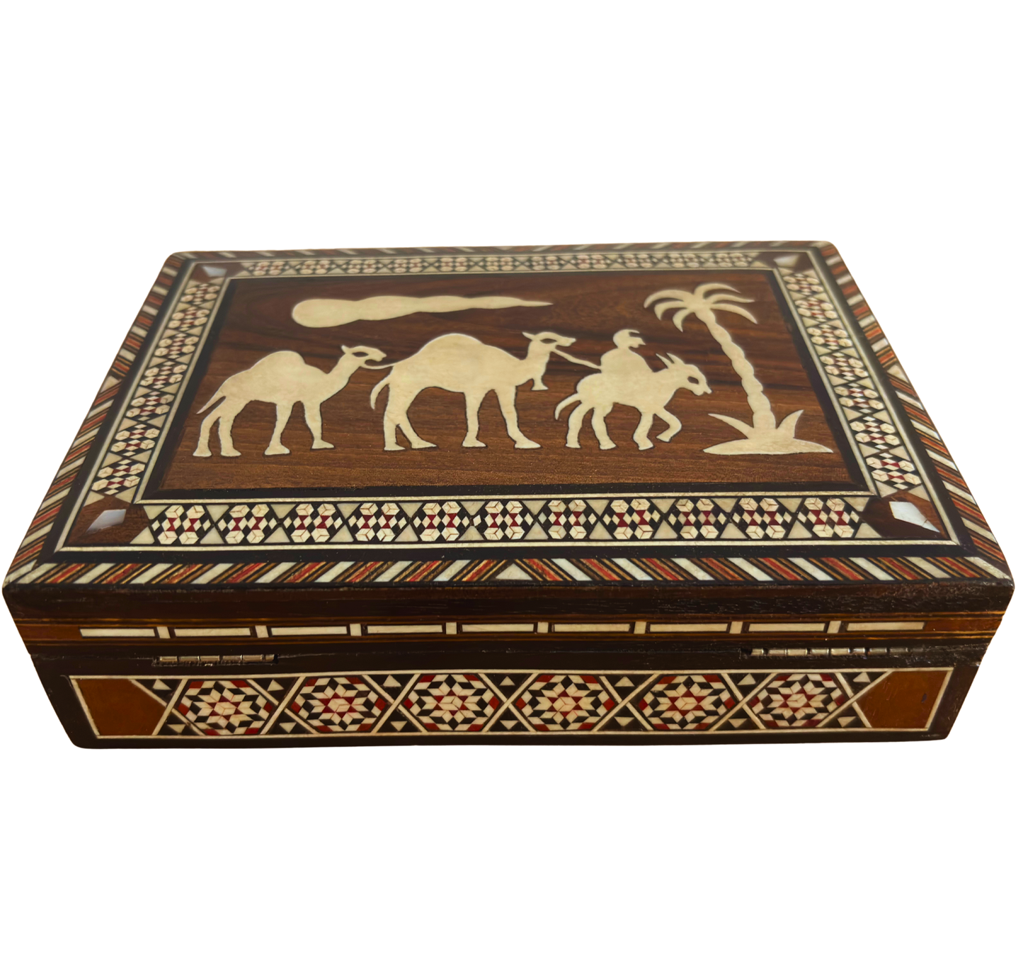 Vintage Damascene Mosaic Box from the 1970s, Camel Design, Handmade Syrian Keepsake Box