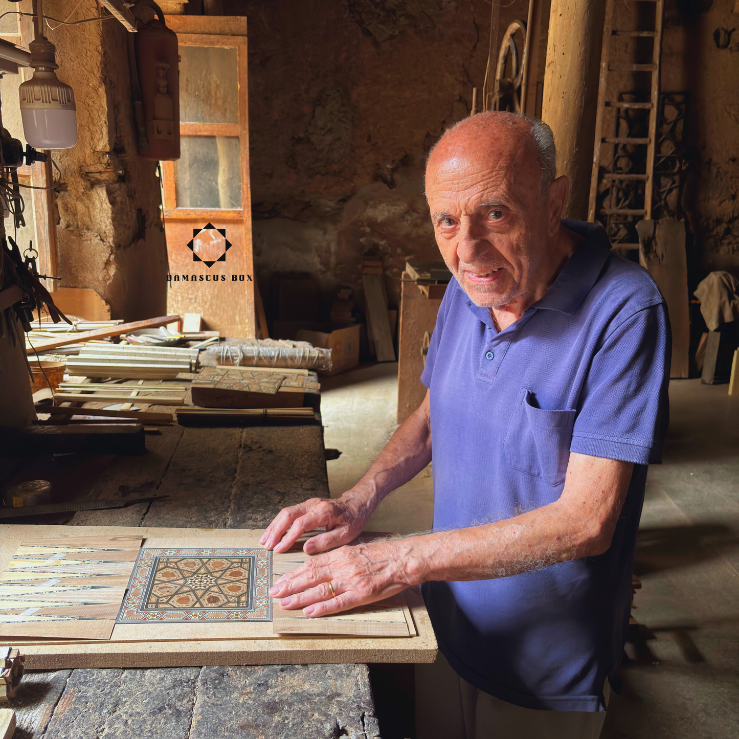 Handcrafted Damascene Mosaic Box by Master Gaby Al Dayeh – Mother of Pearl & Velvet Elegance