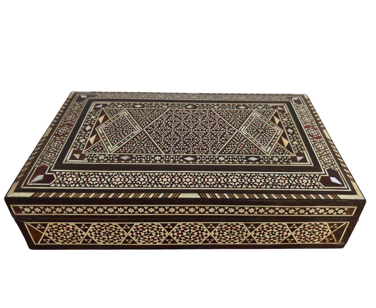 Vintage 1970 Damascene Mosaic Jewelry Box, Handmade Wooden Keepsake, Mother of Pearl Inlay, Syrian Artisan Treasure
