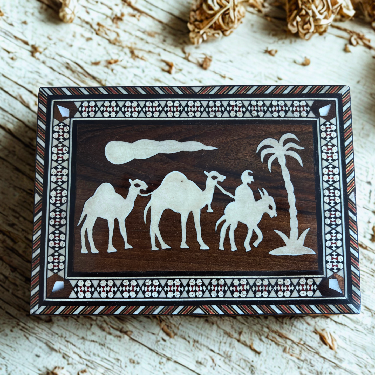 Vintage Damascene Mosaic Box from the 1970s, Camel Design, Handmade Syrian Keepsake Box