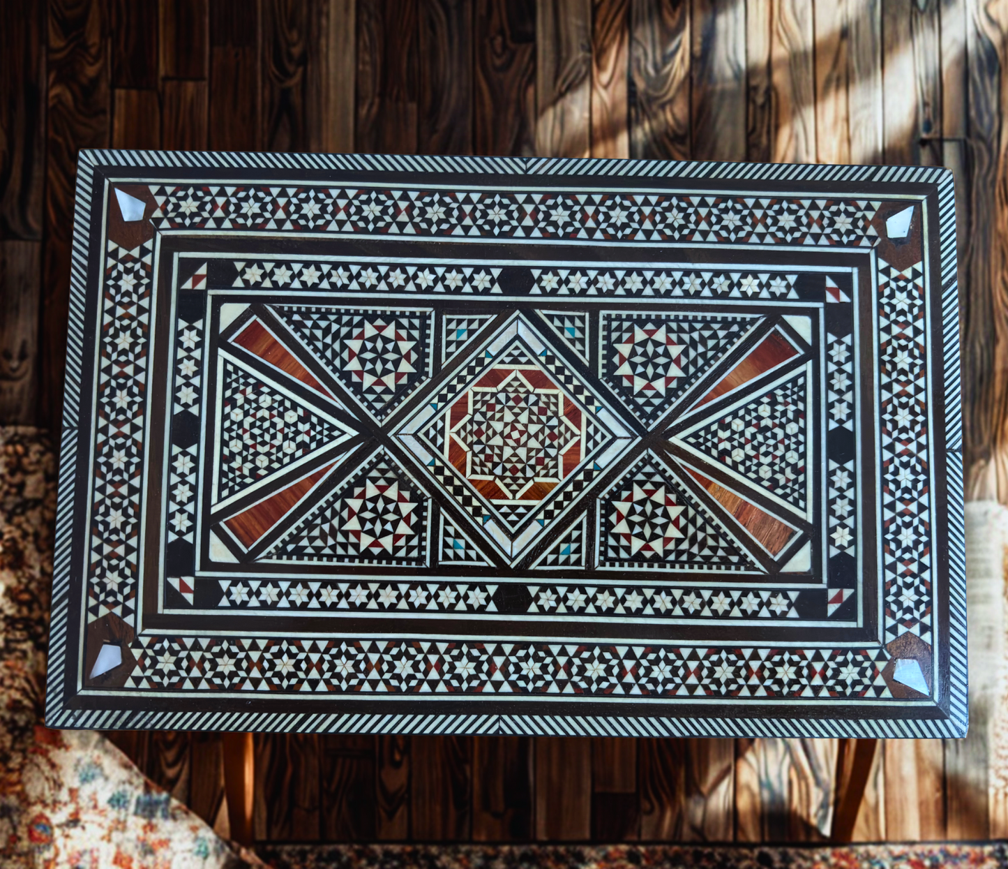 Vintage 1970 Damascene Mosaic Jewelry Box – Handcrafted Oriental Inlay with Mother of Pearl