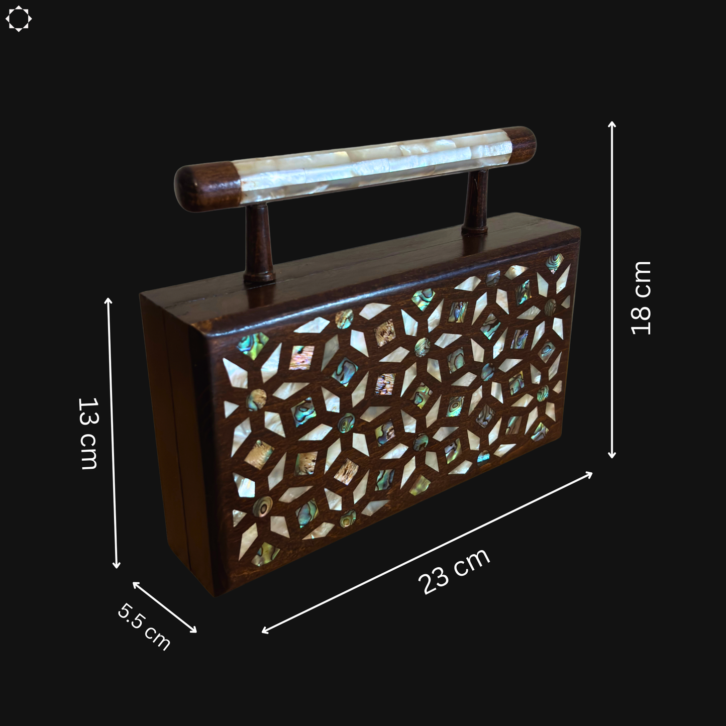 De Tuin der Geheimen – Handgemaakte Damascener Clutch van Notenhout met Geometrische en Botanische Inleg van Parelmoer
