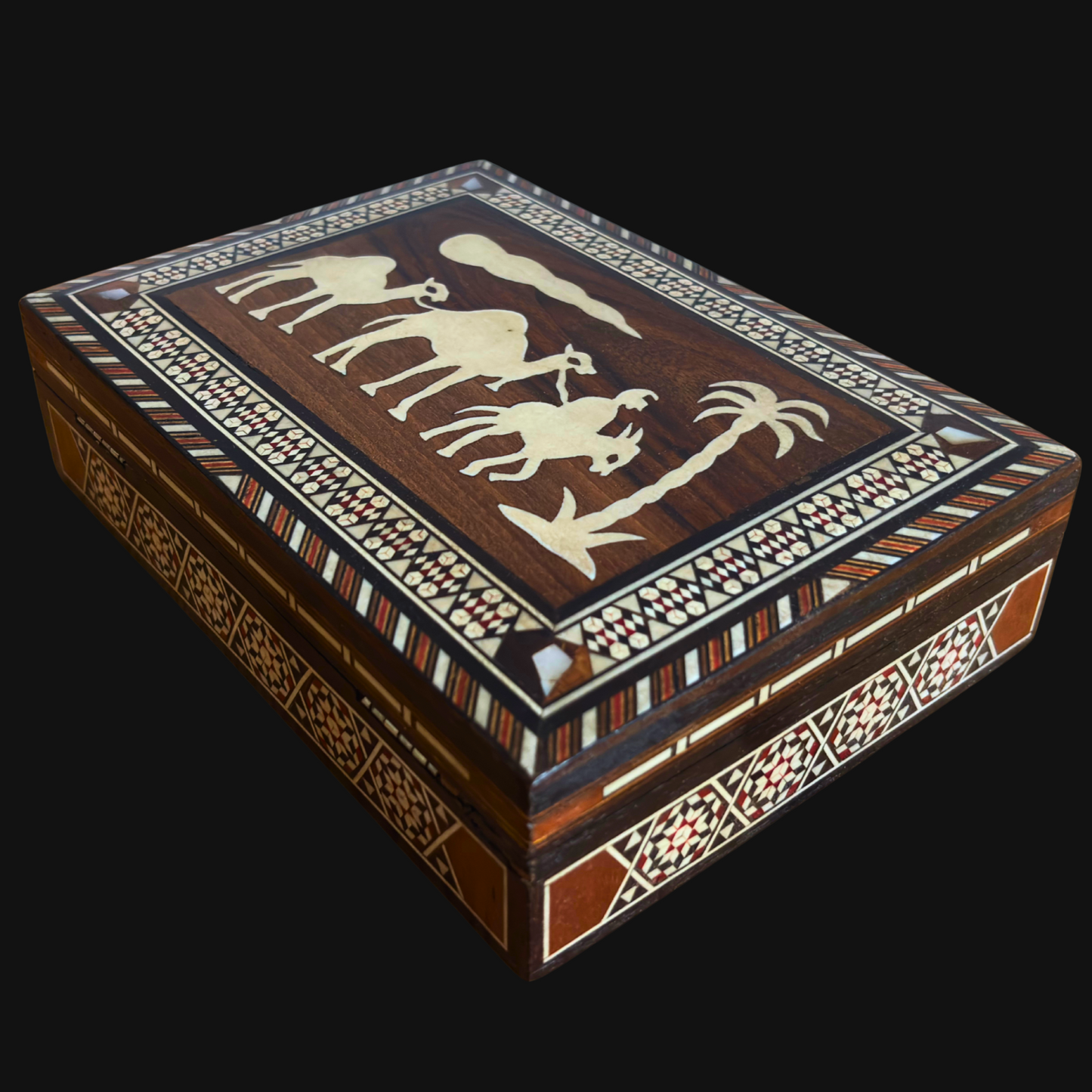 Vintage Damascene Mosaic Box from the 1970s, Camel Design, Handmade Syrian Keepsake Box