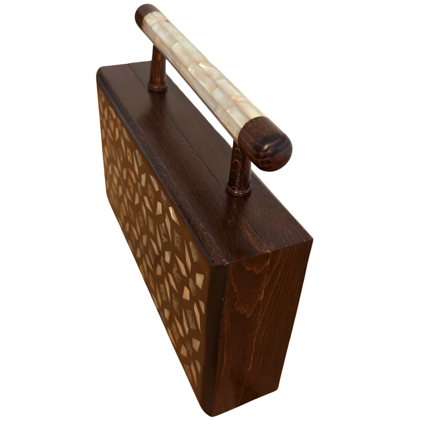 De Tuin der Geheimen – Handgemaakte Damascener Clutch van Notenhout met Geometrische en Botanische Inleg van Parelmoer