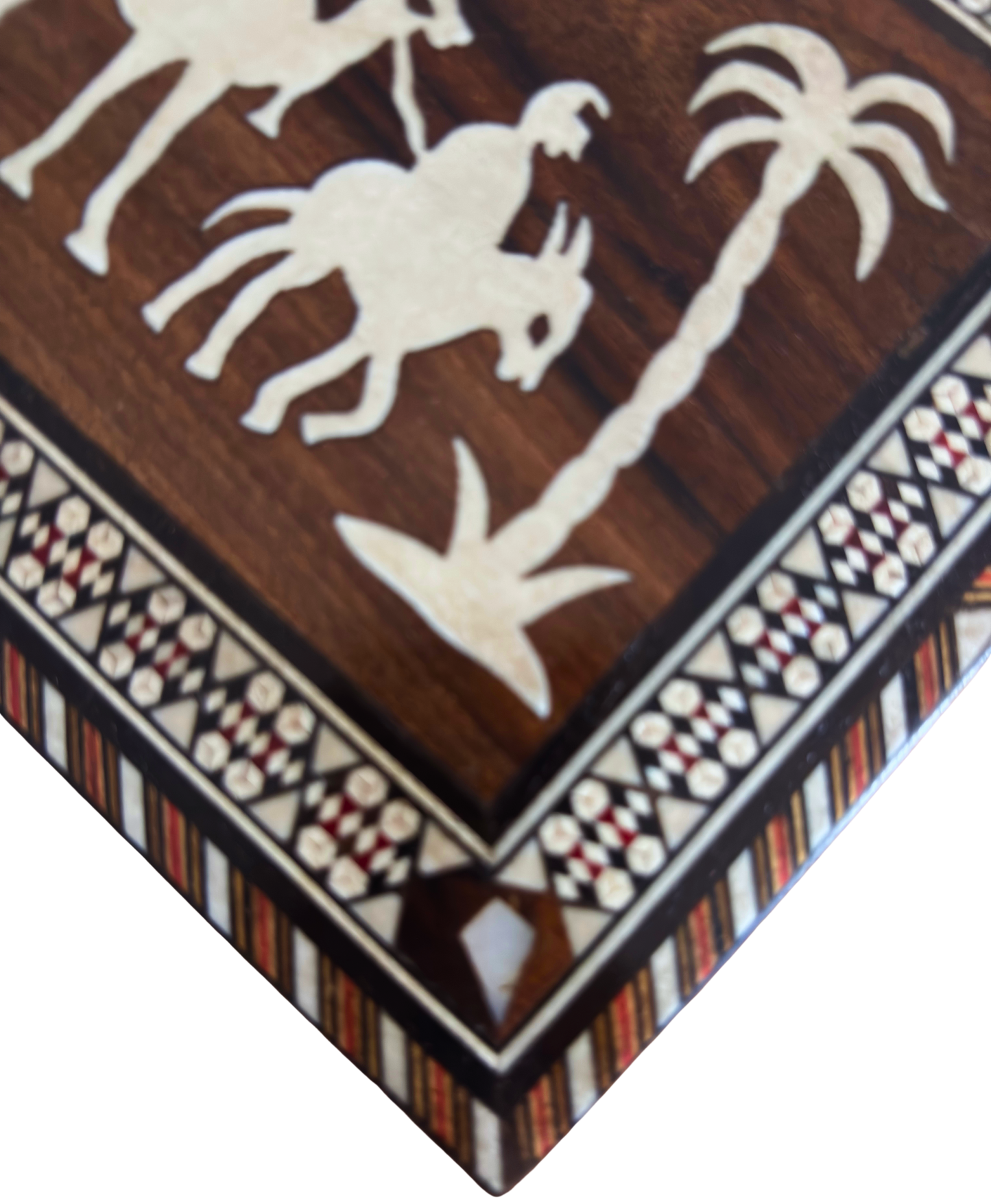 Vintage Damascene Mosaic Box from the 1970s, Camel Design, Handmade Syrian Keepsake Box