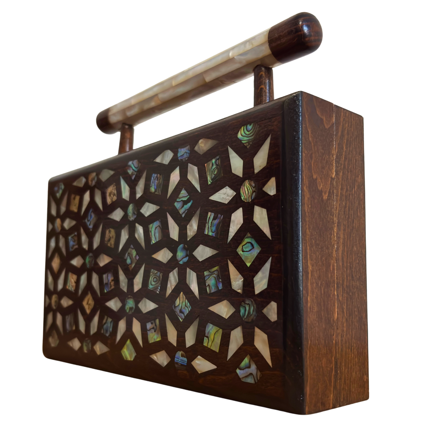 De Tuin der Geheimen – Handgemaakte Damascener Clutch van Notenhout met Geometrische en Botanische Inleg van Parelmoer