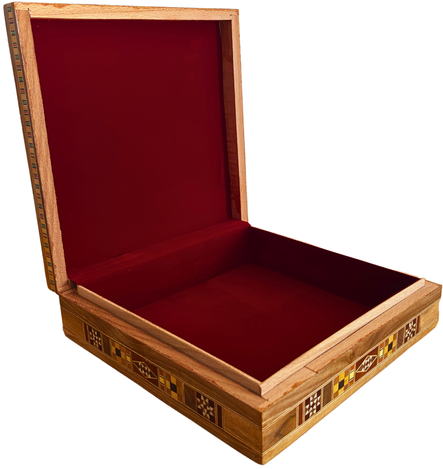 Large Damascene Mosaic Box – Handcrafted Square Jewelry Chest with Fine Wood Inlay and Velvet Interior
