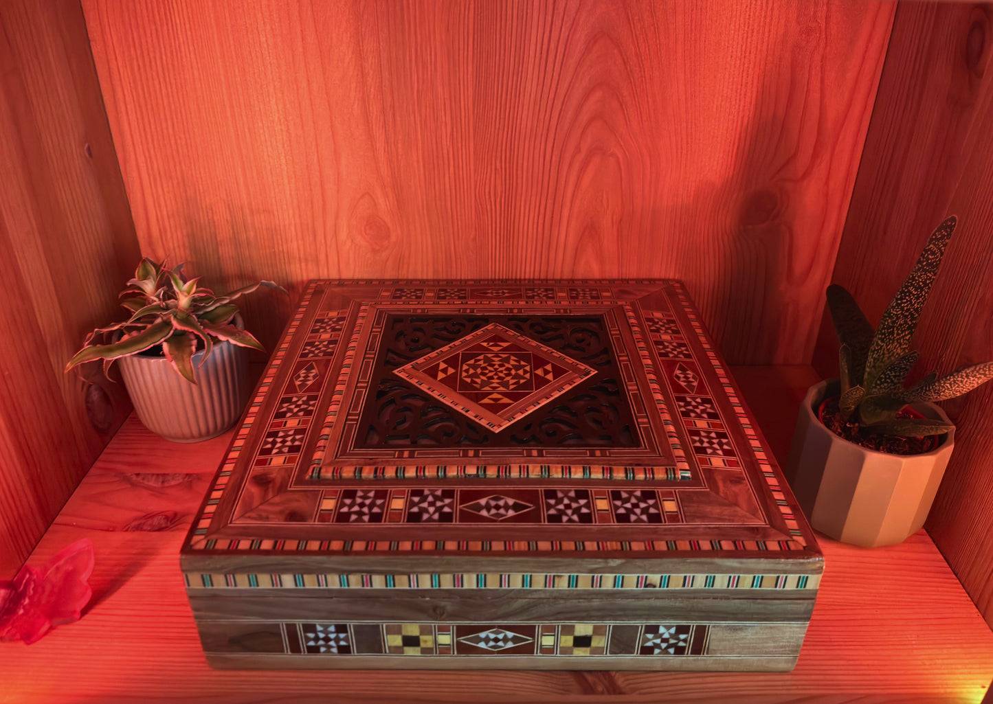 Large Damascene Mosaic Box – Handcrafted Square Jewelry Chest with Fine Wood Inlay and Velvet Interior