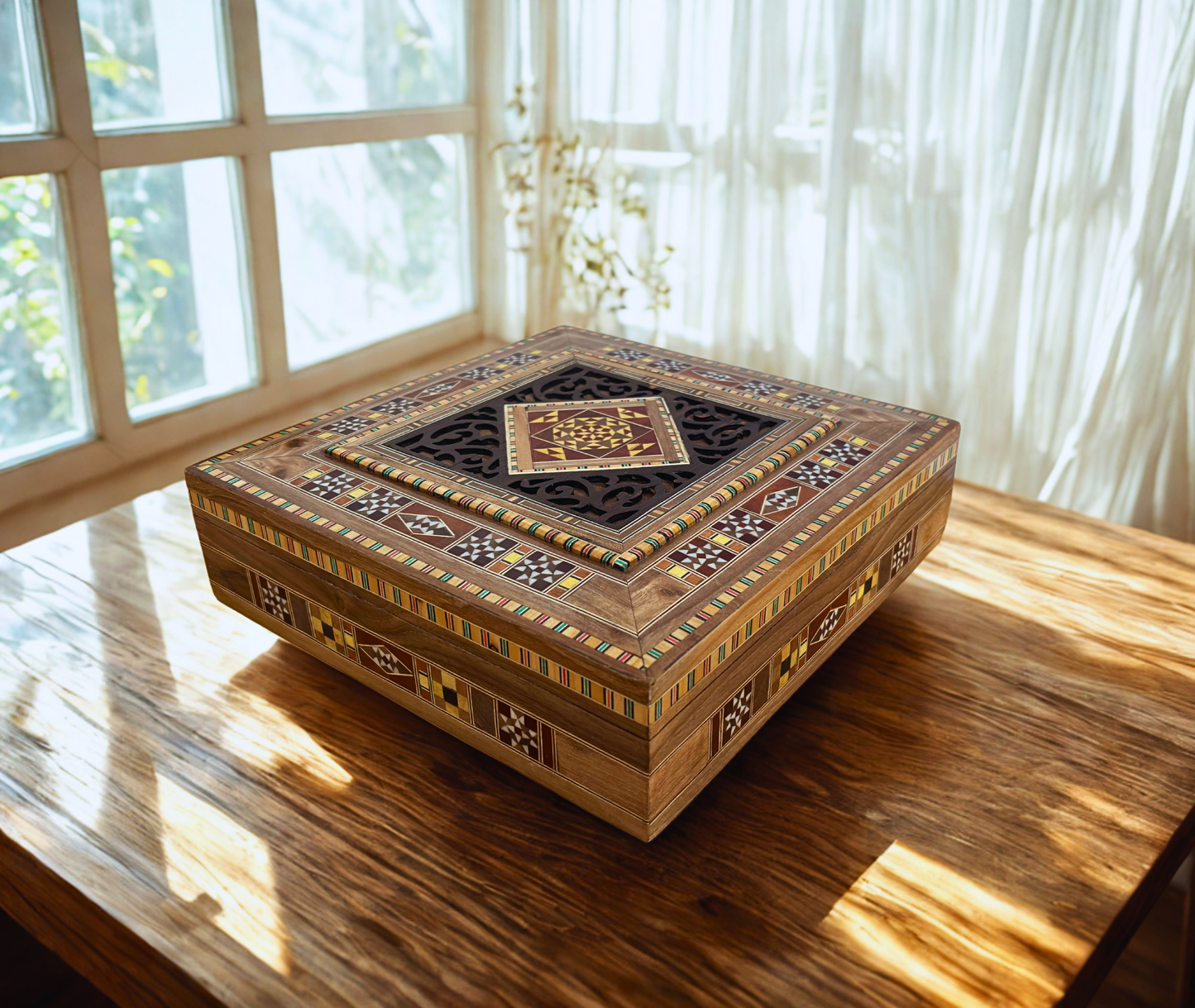 Large Damascene Mosaic Box – Handcrafted Square Jewelry Chest with Fine Wood Inlay and Velvet Interior