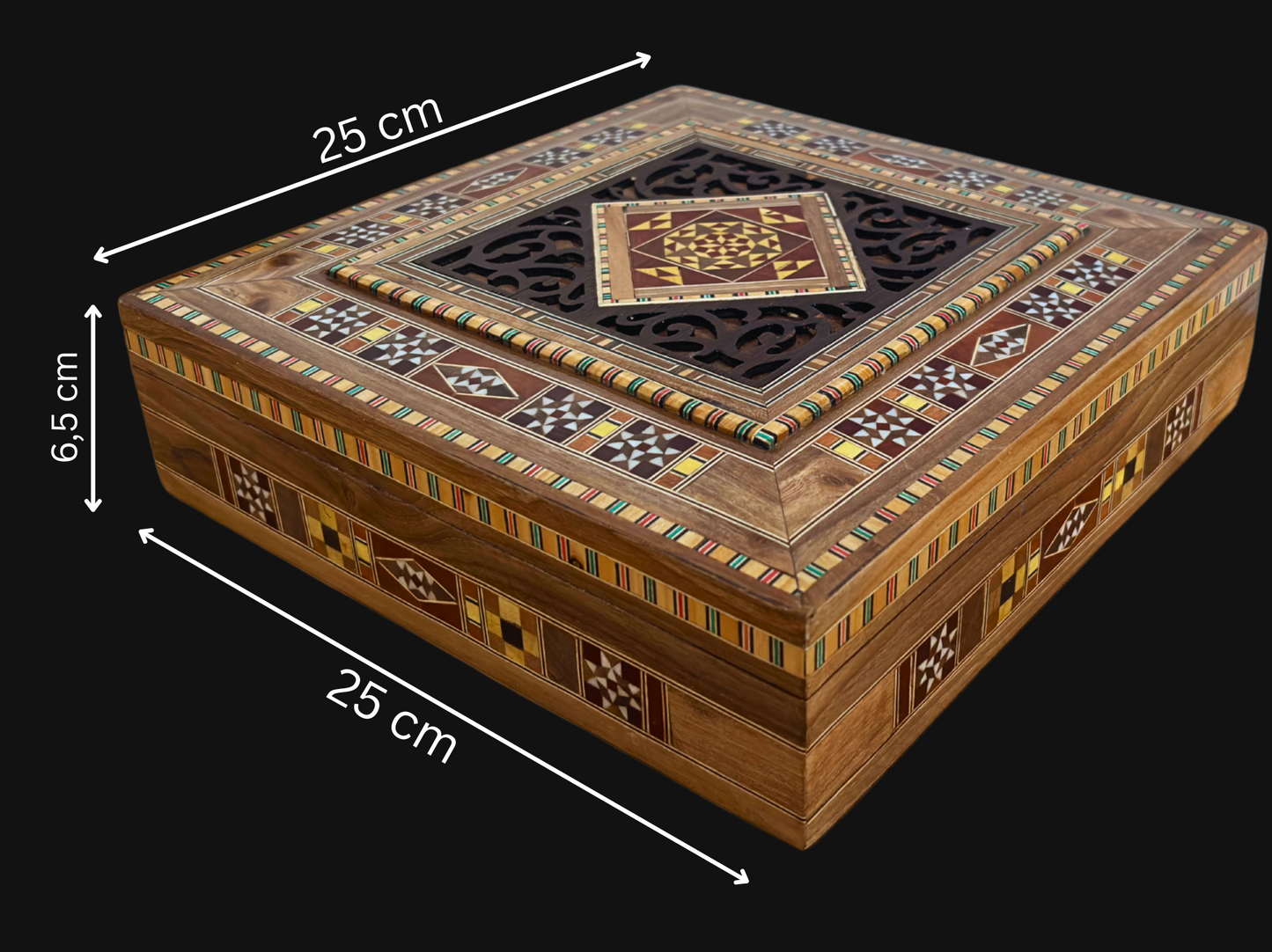 Large Damascene Mosaic Box – Handcrafted Square Jewelry Chest with Fine Wood Inlay and Velvet Interior