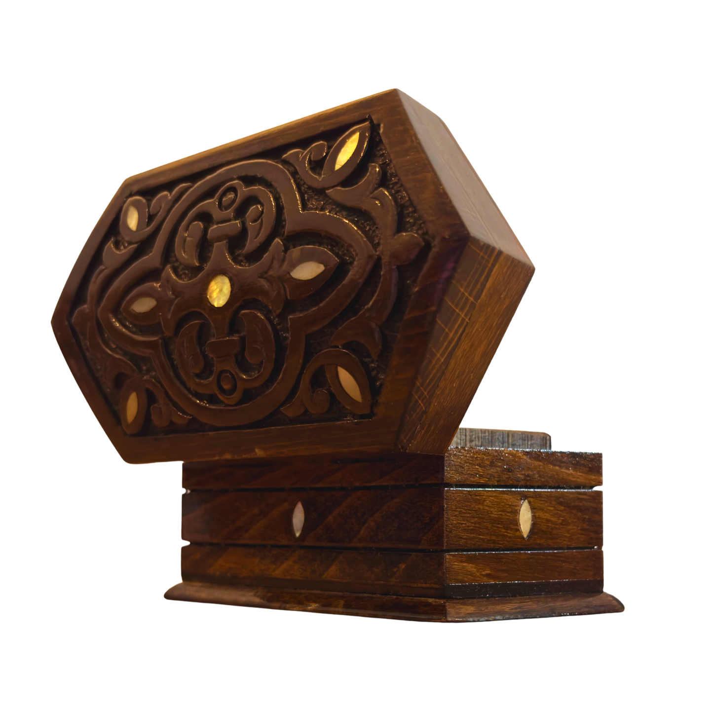 Handgeschnitzte Buchenholzbox – Perlmutt & Samtfutter im Zeitlosen Orientalischen Design