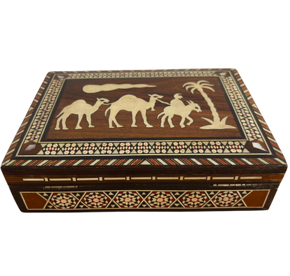 Vintage Damascene Mosaic Box from the 1970s, Camel Design, Handmade Syrian Keepsake Box