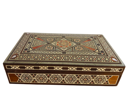 Vintage 1970 Damascene Mosaic Jewelry Box – Handcrafted Oriental Inlay with Mother of Pearl