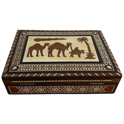 Vintage Camel Mosaic Jewelry Box – 1970 Handcrafted Damascene Art with Pearl Inlay