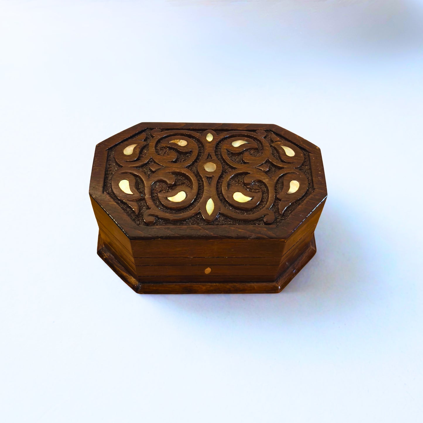 Hand-Carved Beechwood Box with Mother of Pearl Inlay – Walnut Finish Elegance