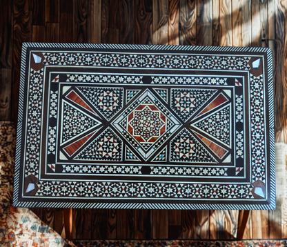 Vintage 1970 Damascene Mosaic Jewelry Box – Handcrafted Oriental Inlay with Mother of Pearl