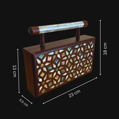 Zenobia – Luxury Damascene Walnut Clutch with Geometric & Botanical Mother of Pearl Inlay