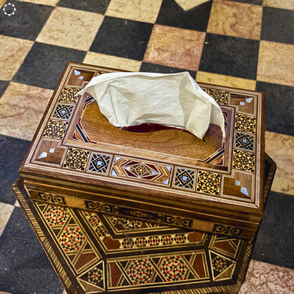 Elegante Damast Mozaïek Houten Tissue Box – Parelmoer Inleg & Fluwelen Binnenkant