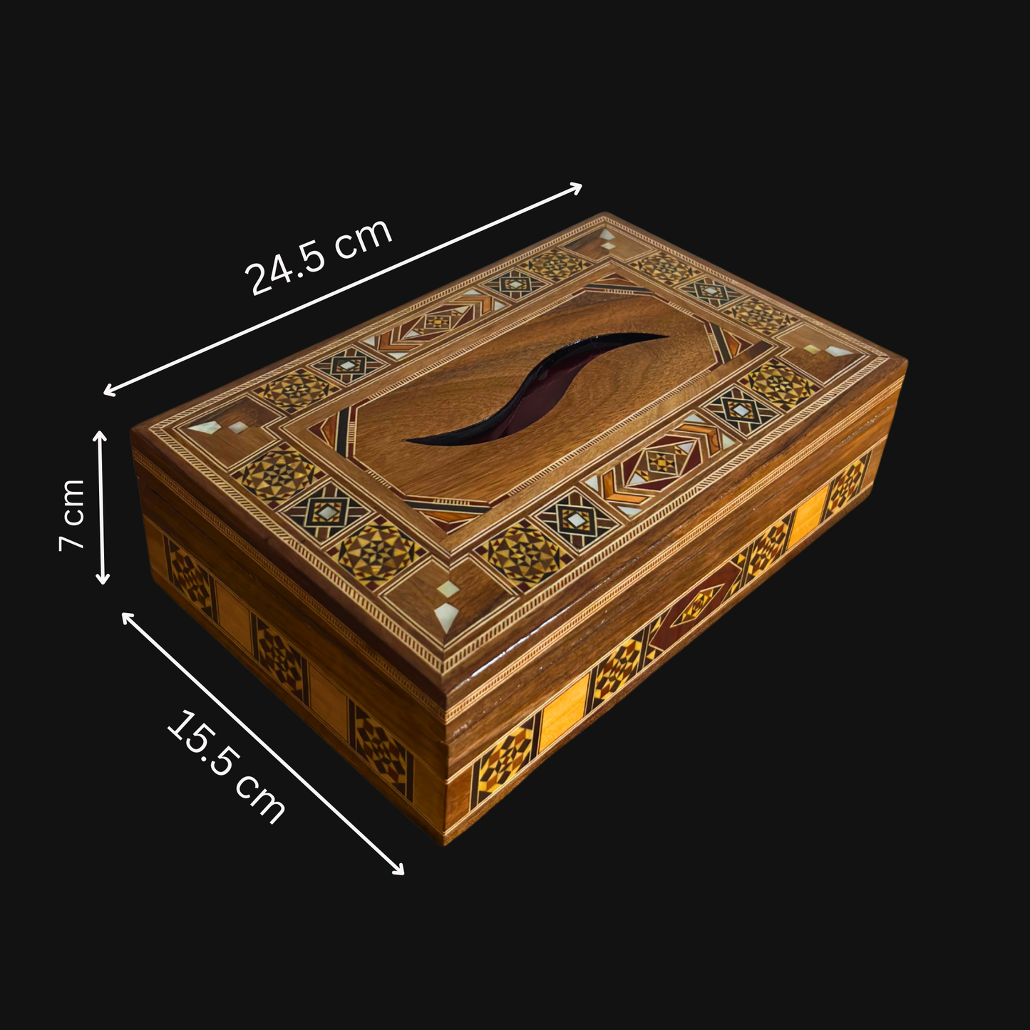 Elegante Damast Mozaïek Houten Tissue Box – Parelmoer Inleg & Fluwelen Binnenkant