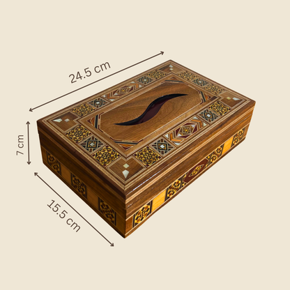 Elegante Damast-Mosaik Holz-Tissuebox – Perlmutt Intarsie & Samt Innenfutter