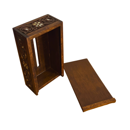 Hand-Carved Beechwood Tissue Box with Mother of Pearl Inlay – Walnut Finish Elegance