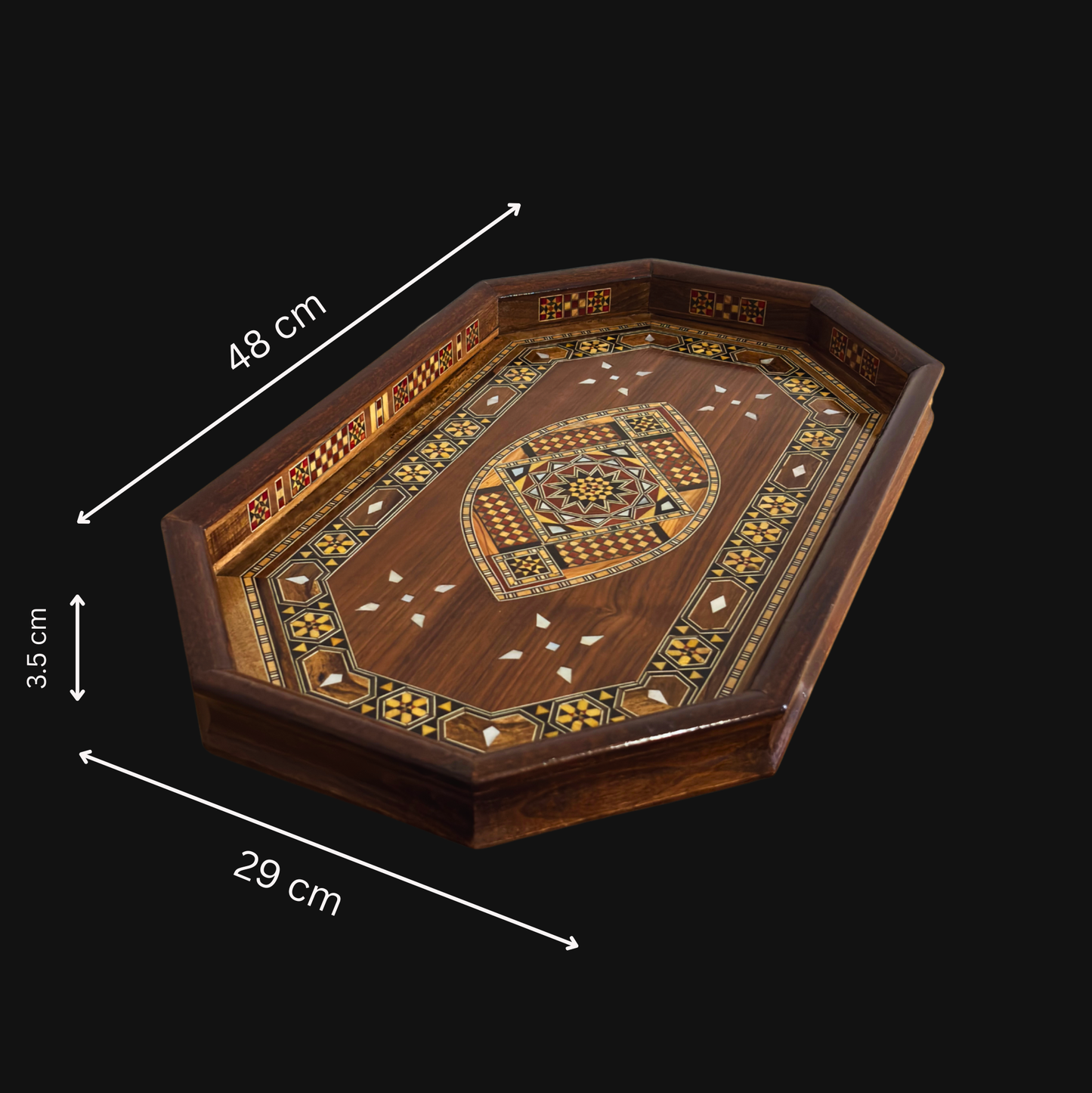 Damaskus Mosaik Holztablett – Perlmutt Intarsie & Edle Walnussoptik