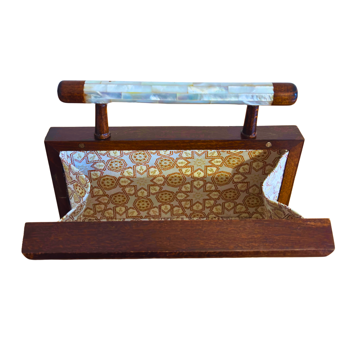 Zenobia – Luxury Damascene Walnut Clutch with Geometric & Botanical Mother of Pearl Inlay