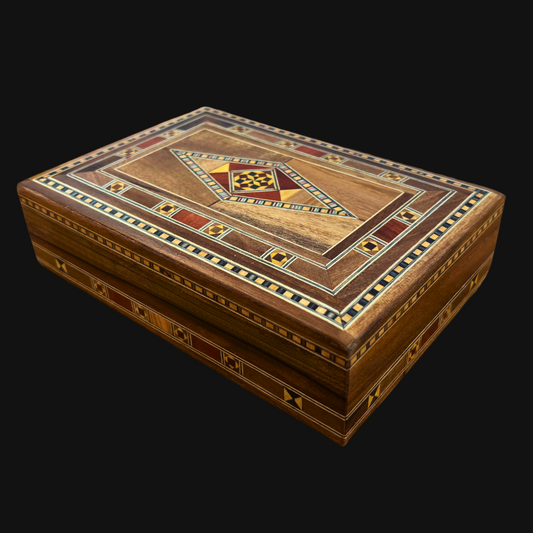 Elegant Rectangular Damascene Jewelry Box – Handcrafted from Beech, Eucalyptus & Lemon Wood