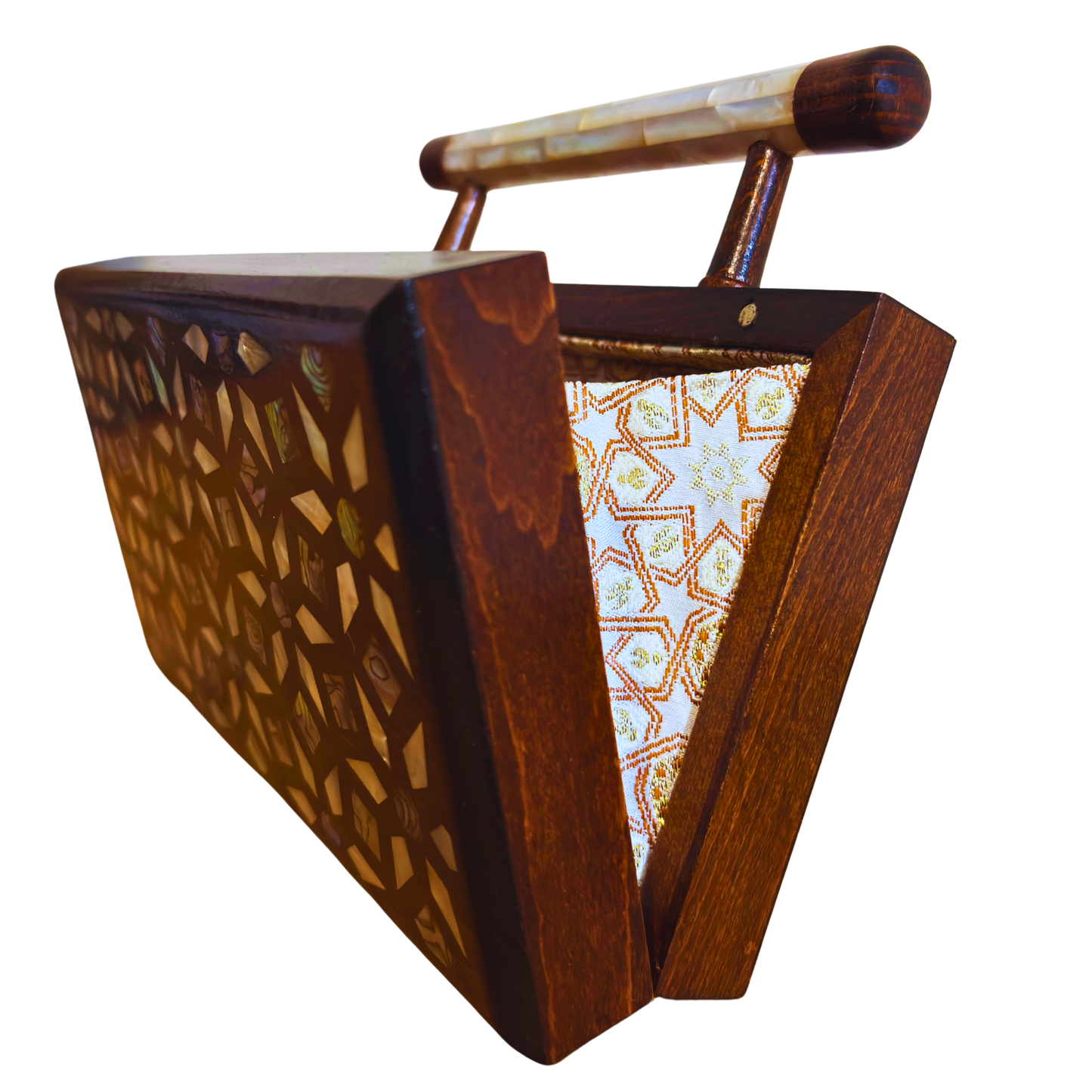 Zenobia – Luxury Damascene Walnut Clutch with Geometric & Botanical Mother of Pearl Inlay