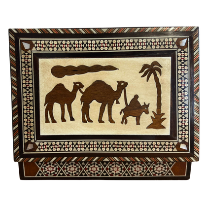 Vintage Camel Mosaic Jewelry Box – 1970 Handcrafted Damascene Art with Pearl Inlay