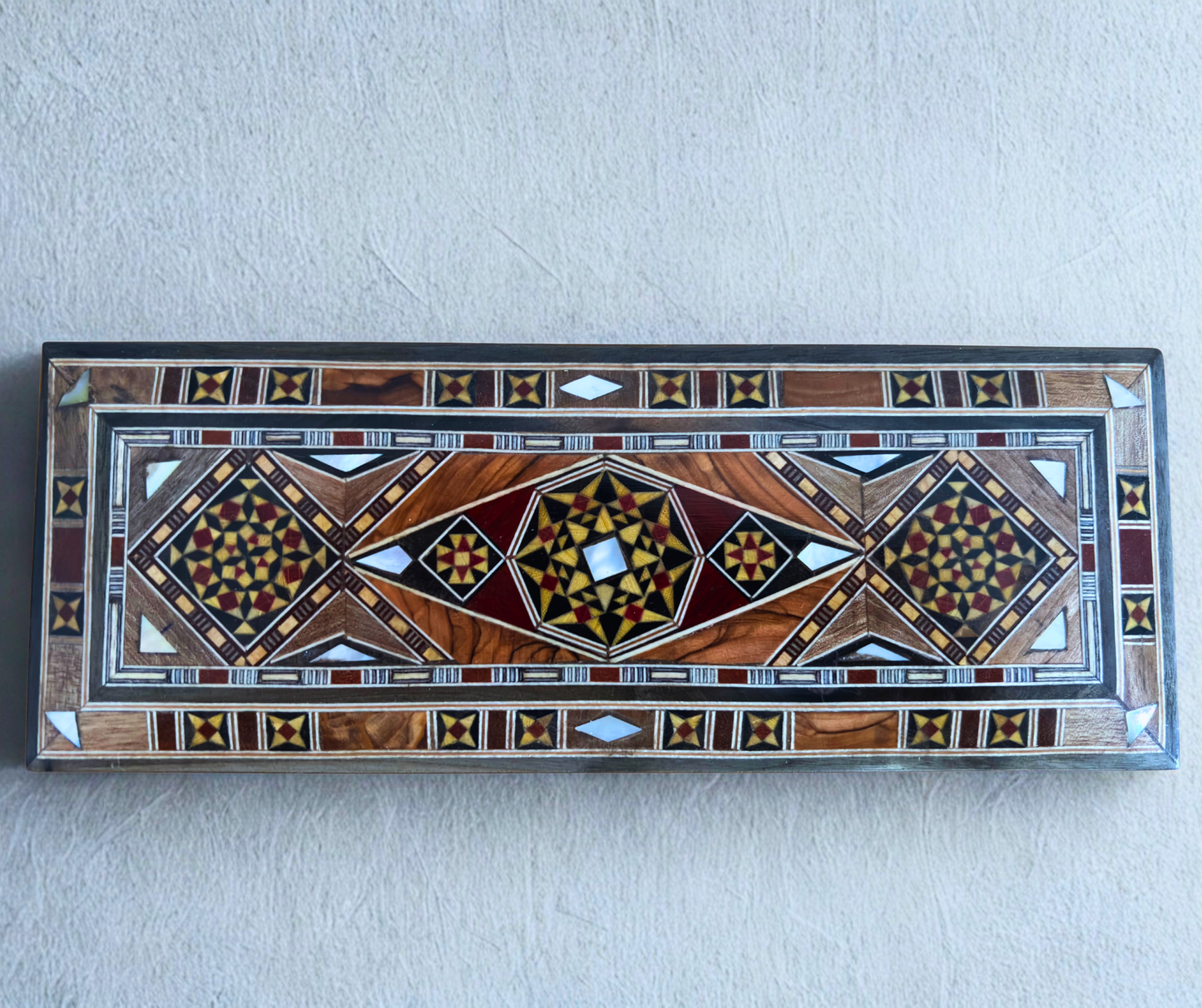 Damascene Mosaic Pen & Jewelry Box, Long Rectangular Handmade Chest, Mother of Pearl Inlay, Syrian Oriental Artisan Craft