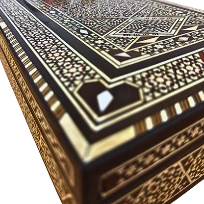 Vintage 1970 Damascene Mosaic Jewelry Box, Handmade Wooden Keepsake, Mother of Pearl Inlay, Syrian Artisan Treasure