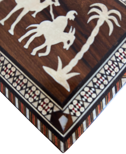 Vintage Damascene Mosaic Box from the 1970s, Camel Design, Handmade Syrian Keepsake Box