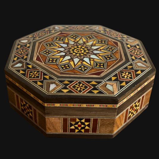 Élégante boîte octogonale en mosaïque damascène – Bois artisanal avec incrustation de nacre