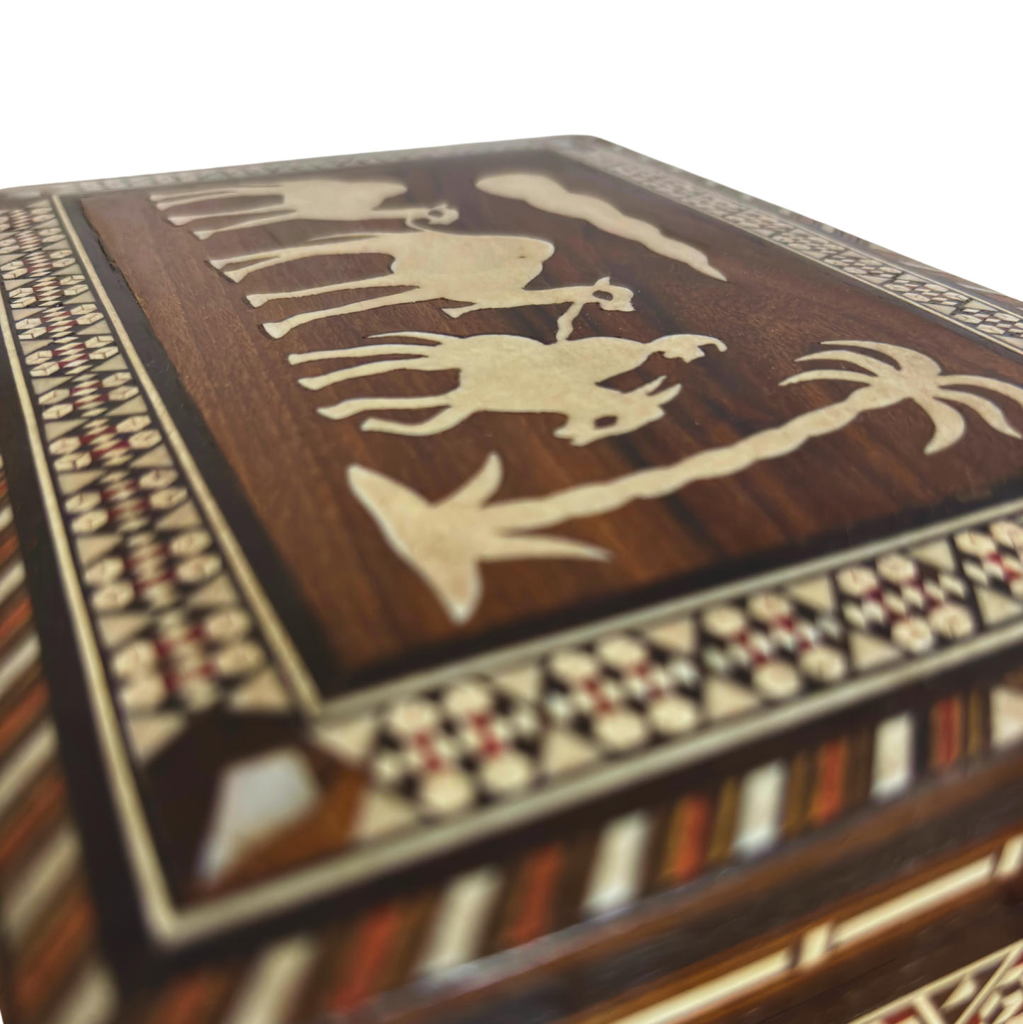 Vintage Damascene Mosaic Box from the 1970s, Camel Design, Handmade Syrian Keepsake Box