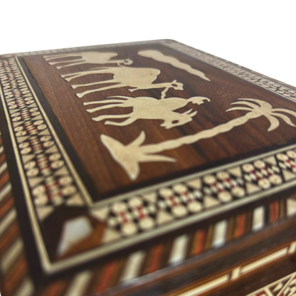 Vintage Damascene Mosaic Box from the 1970s, Camel Design, Handmade Syrian Keepsake Box