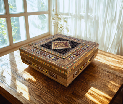Large Damascene Mosaic Box – Handcrafted Square Jewelry Chest with Fine Wood Inlay and Velvet Interior