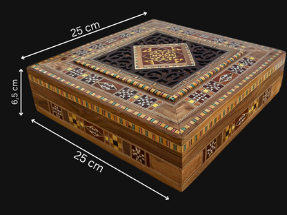 Large Damascene Mosaic Box – Handcrafted Square Jewelry Chest with Fine Wood Inlay and Velvet Interior