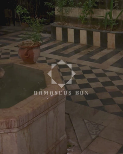 Jouri – Luxury Damascene Clutch with Mother of Pearl Rose Inlay & Pearl Rosary Chain